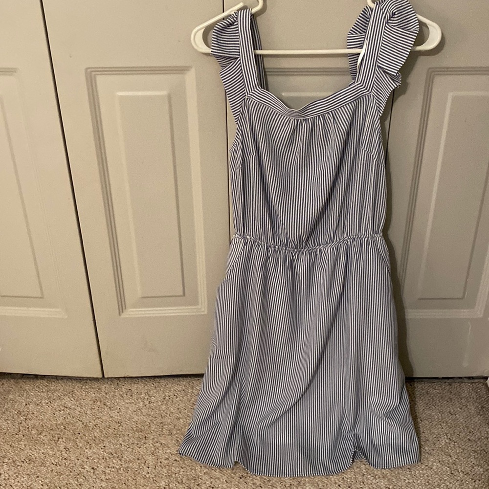 Blue and white striped sleeveless dress